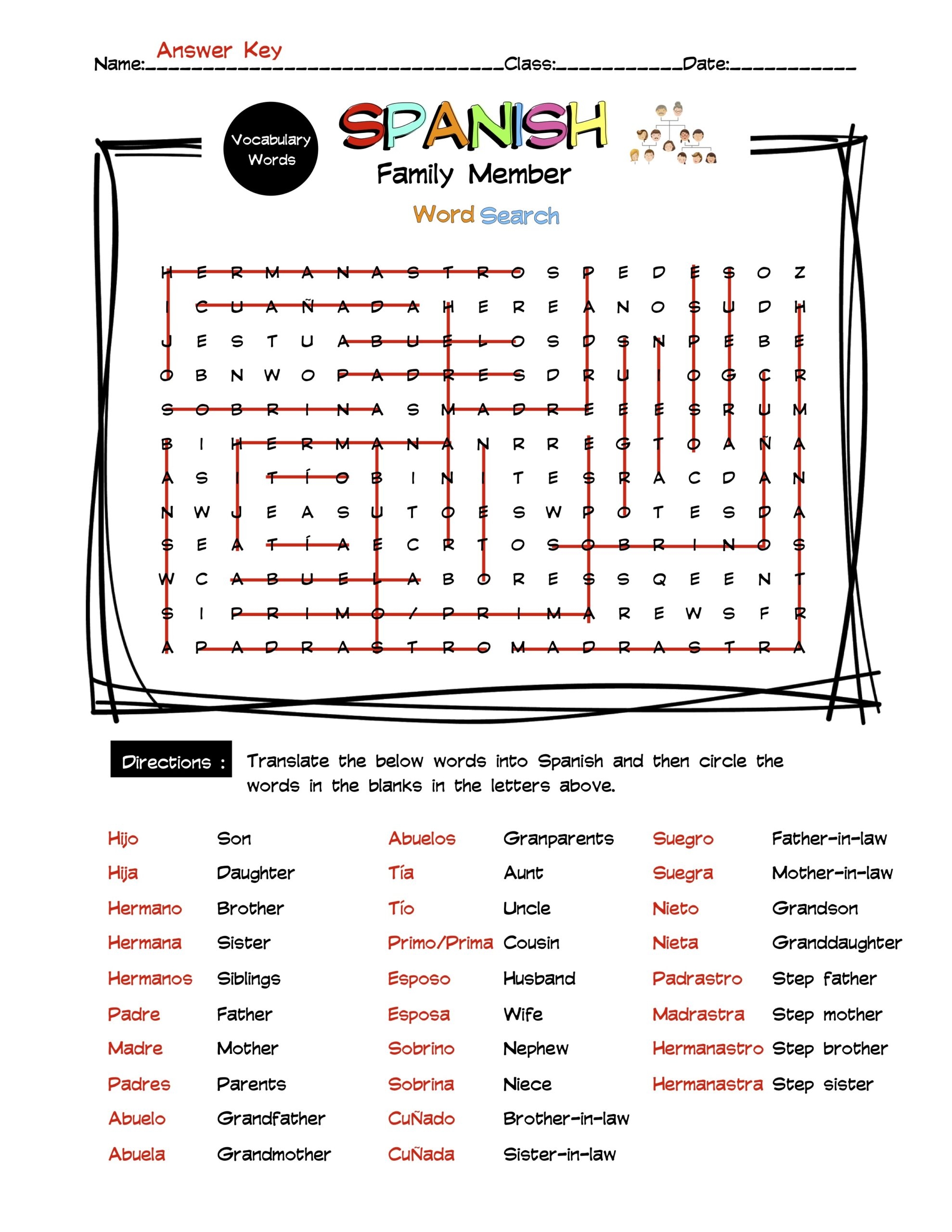 Spanish Family Members Vocabulary Word Search Answer Key Made By Teachers