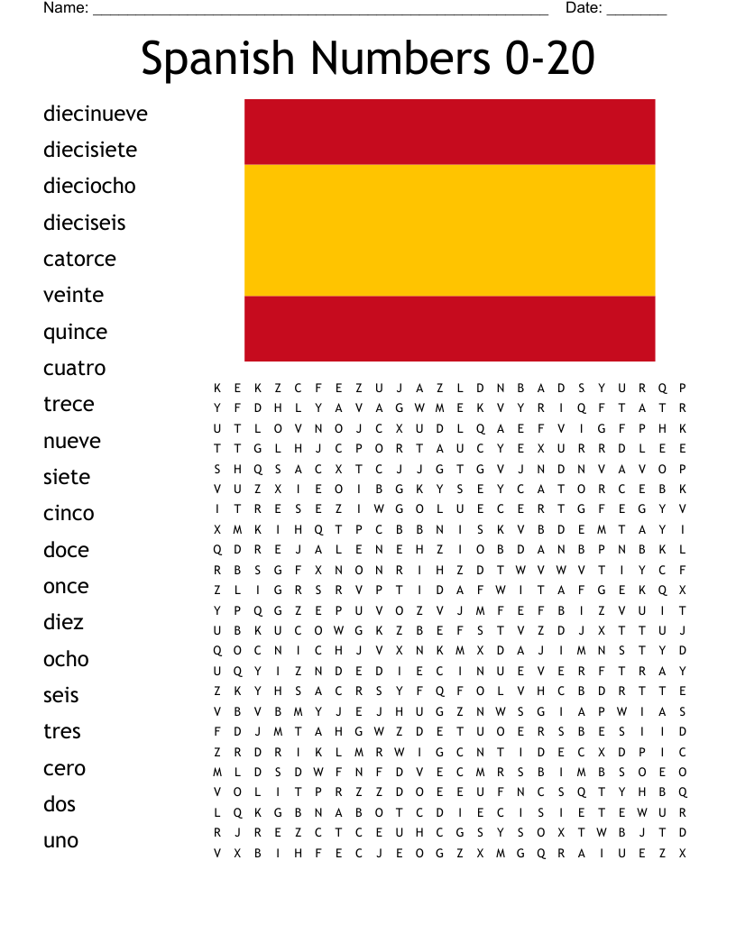 Spanish Numbers 1 20 Word Search WordMint