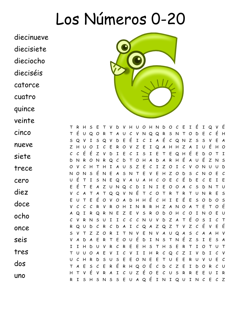 Spanish Numbers 1 20 Word Search WordMint