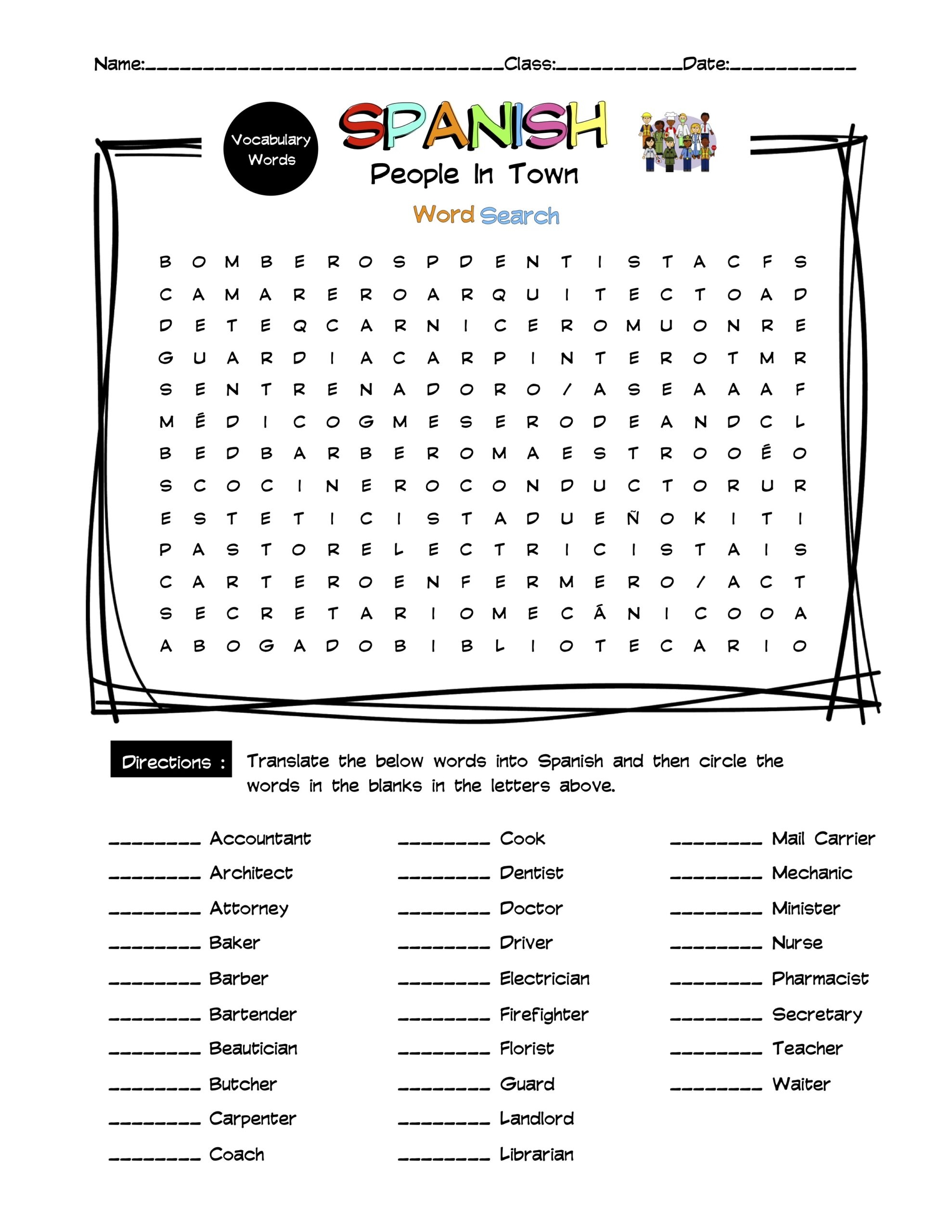 Spanish People In A Town Vocabulary Word Search Answer Key Made By Teachers