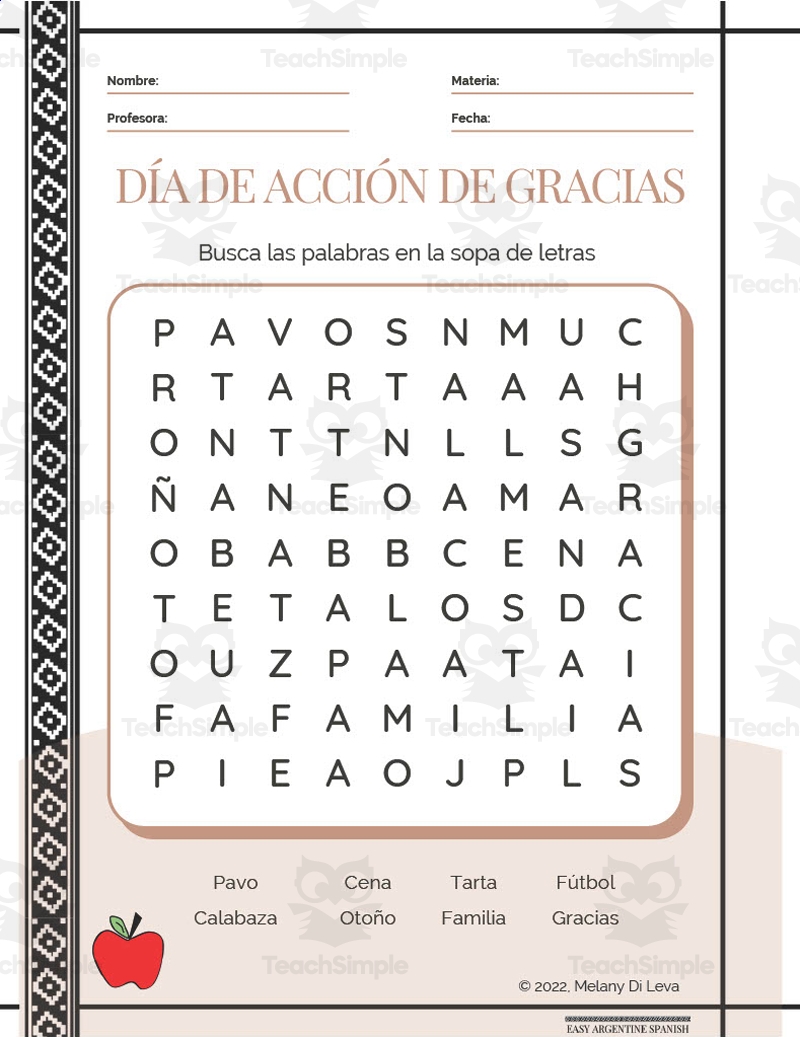 Spanish Thanksgiving Day Word Search Packet By Teach Simple