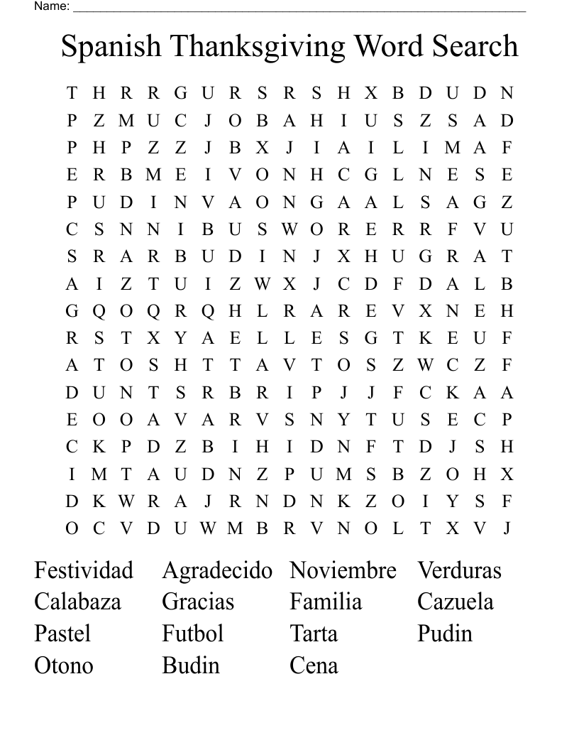 Free Printable Dia De Gracias Word Search