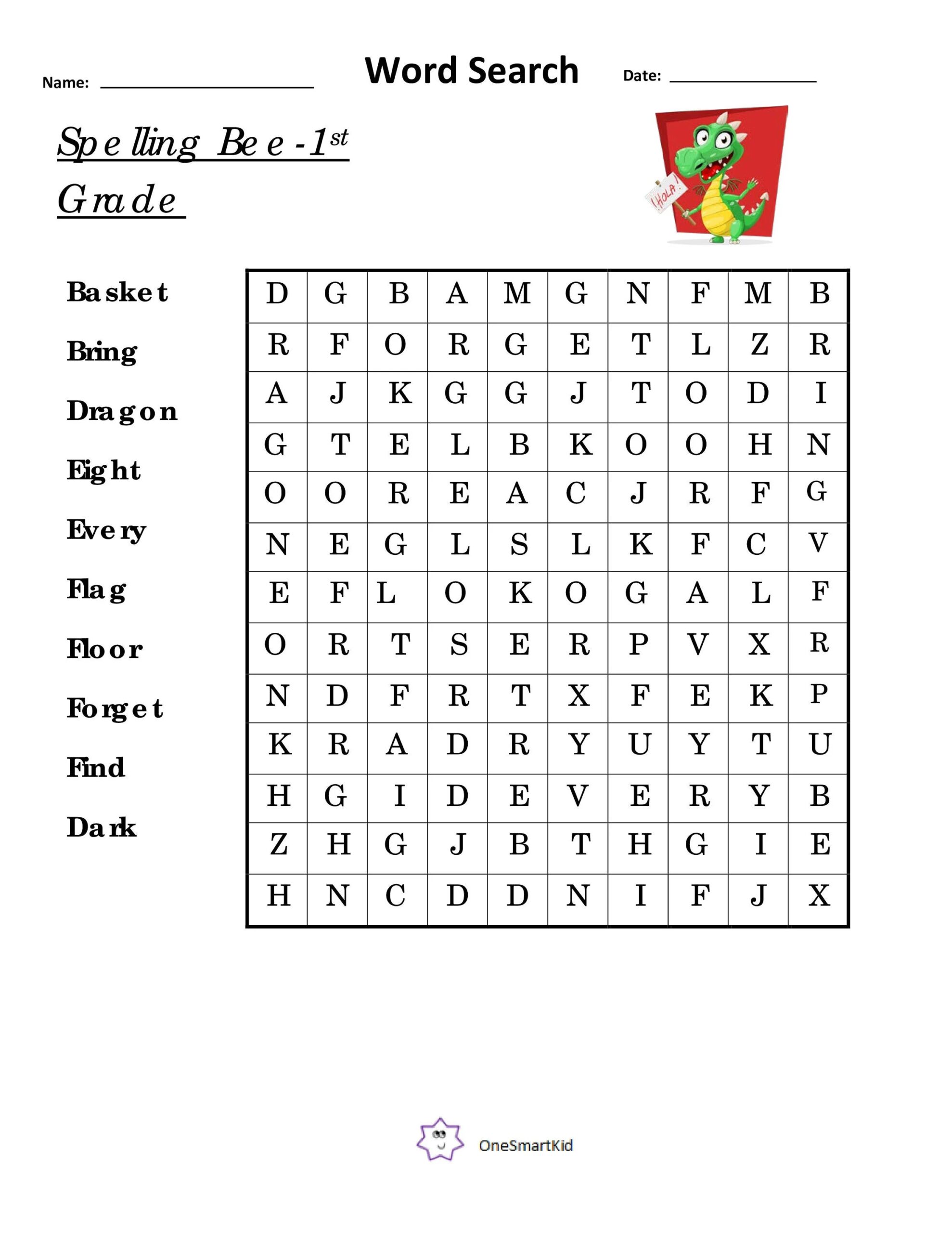 Spelling Bee 1st Grade Dragon Word Search Downable Printable Worksheet Etsy