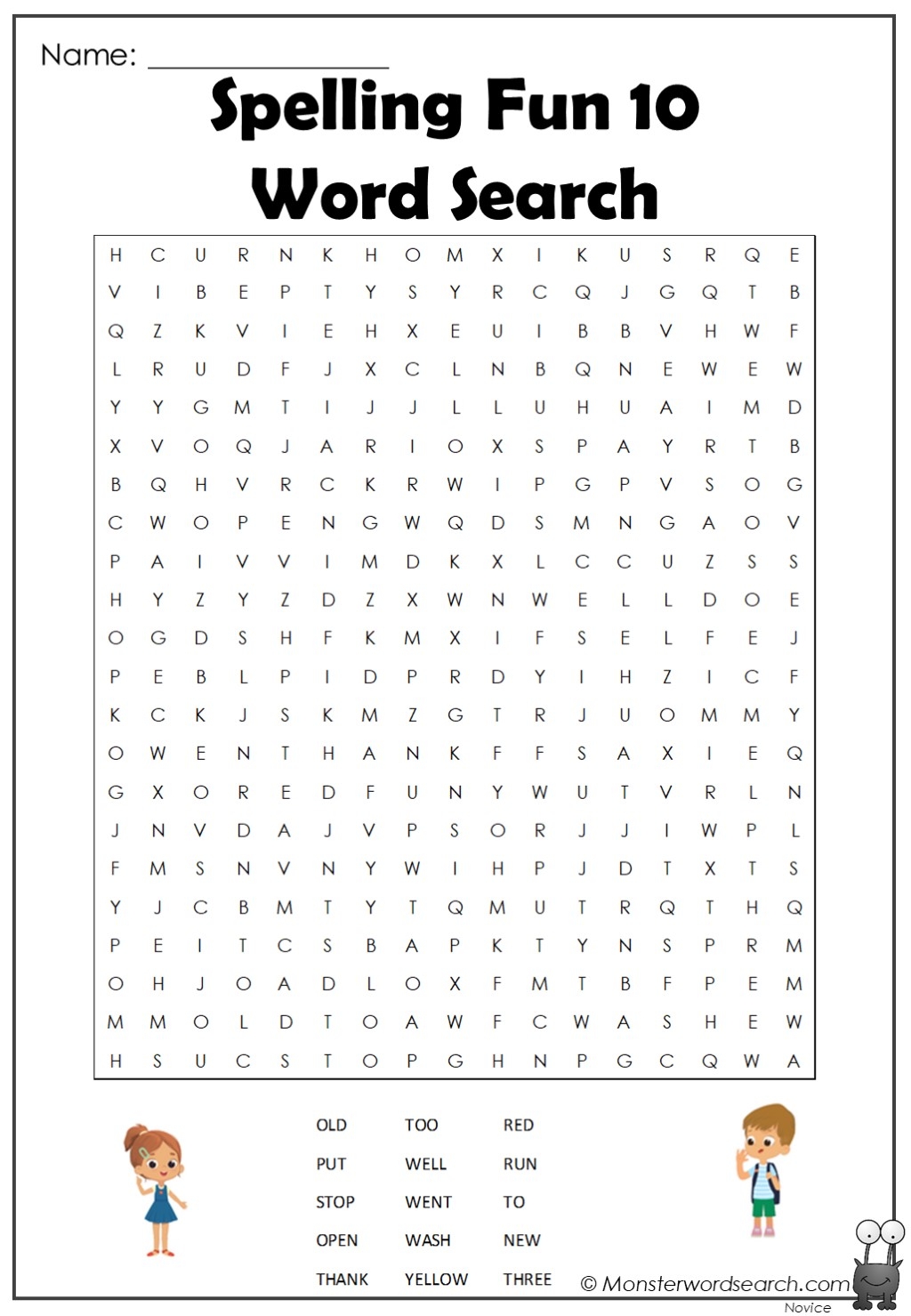 Spelling Fun 10 Word Search Monster Word Search