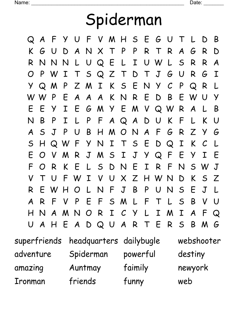 Spiderman Word Search WordMint
