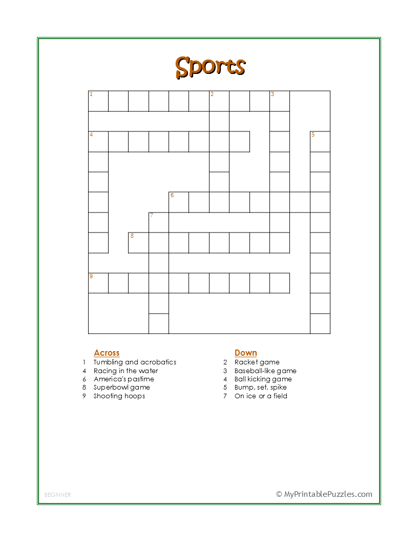 Sports Crossword Puzzle Beginner My Printable Puzzles Sports Crossword Puzzle Beginner My Printable Puzzles