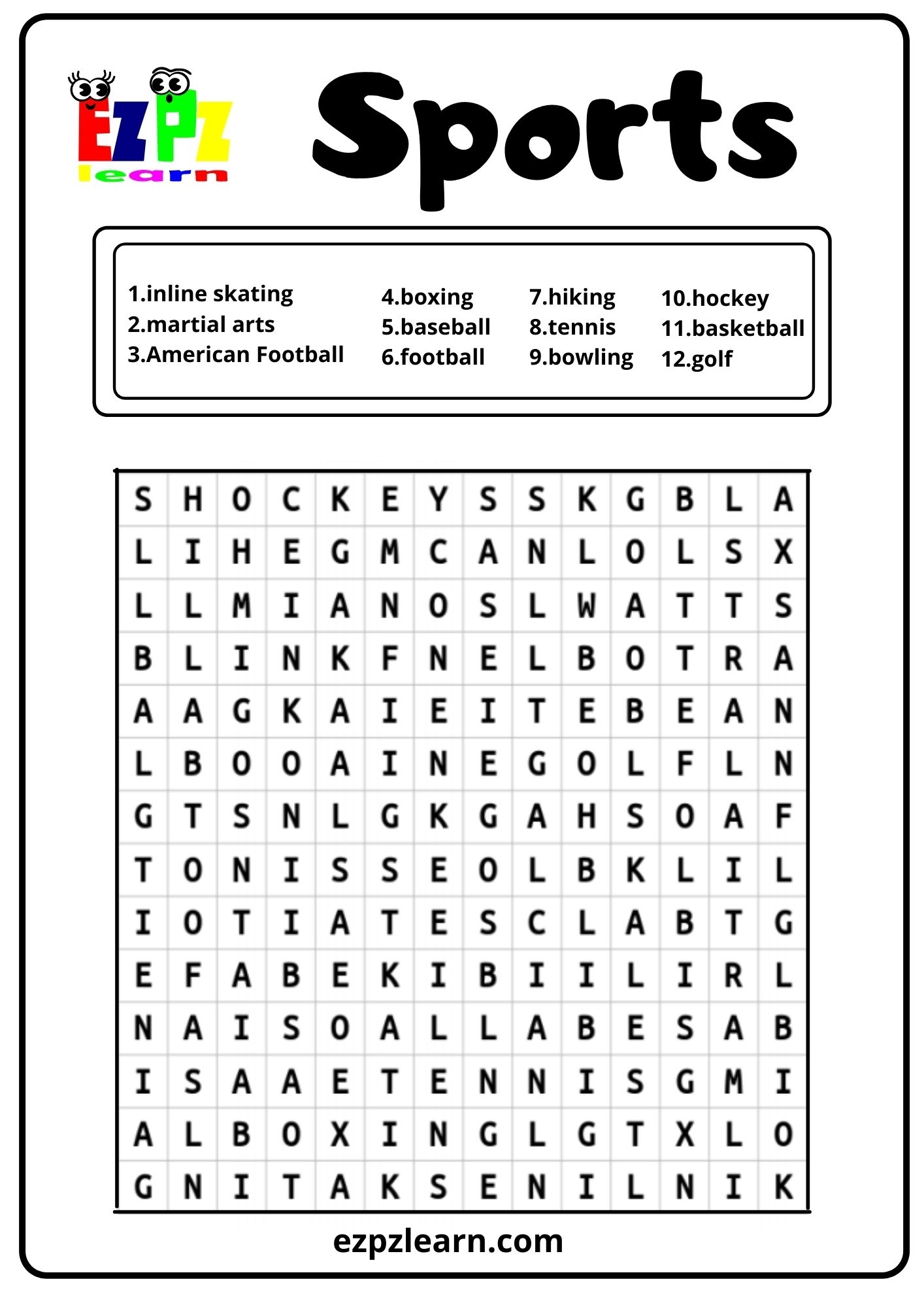 Sports Set 2 Word Search 1 Ezpzlearn