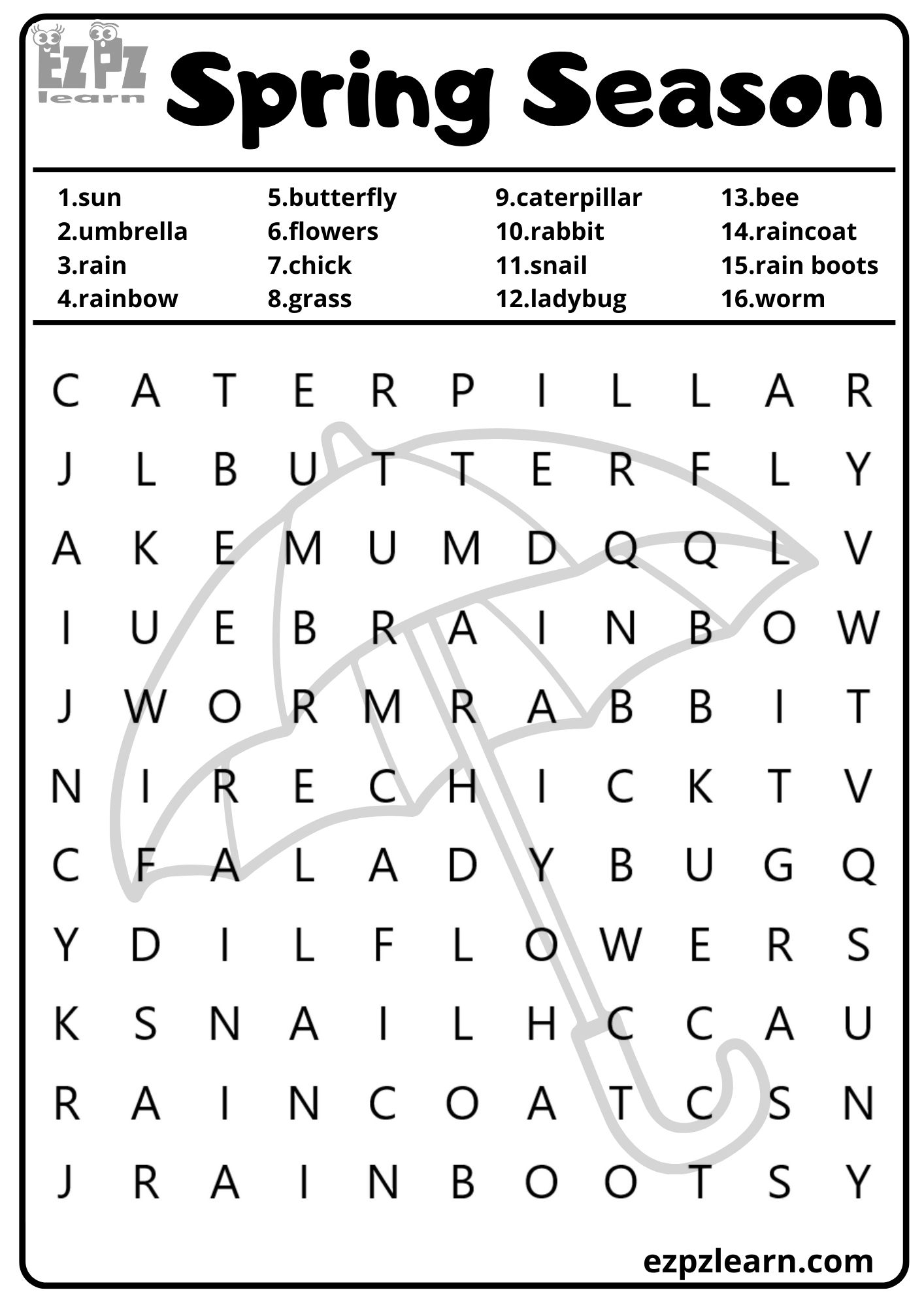 Spring Season Vocabulary Word Search For Kids And English Language Learners 16 Words Downloadable PDF Ezpzlearn