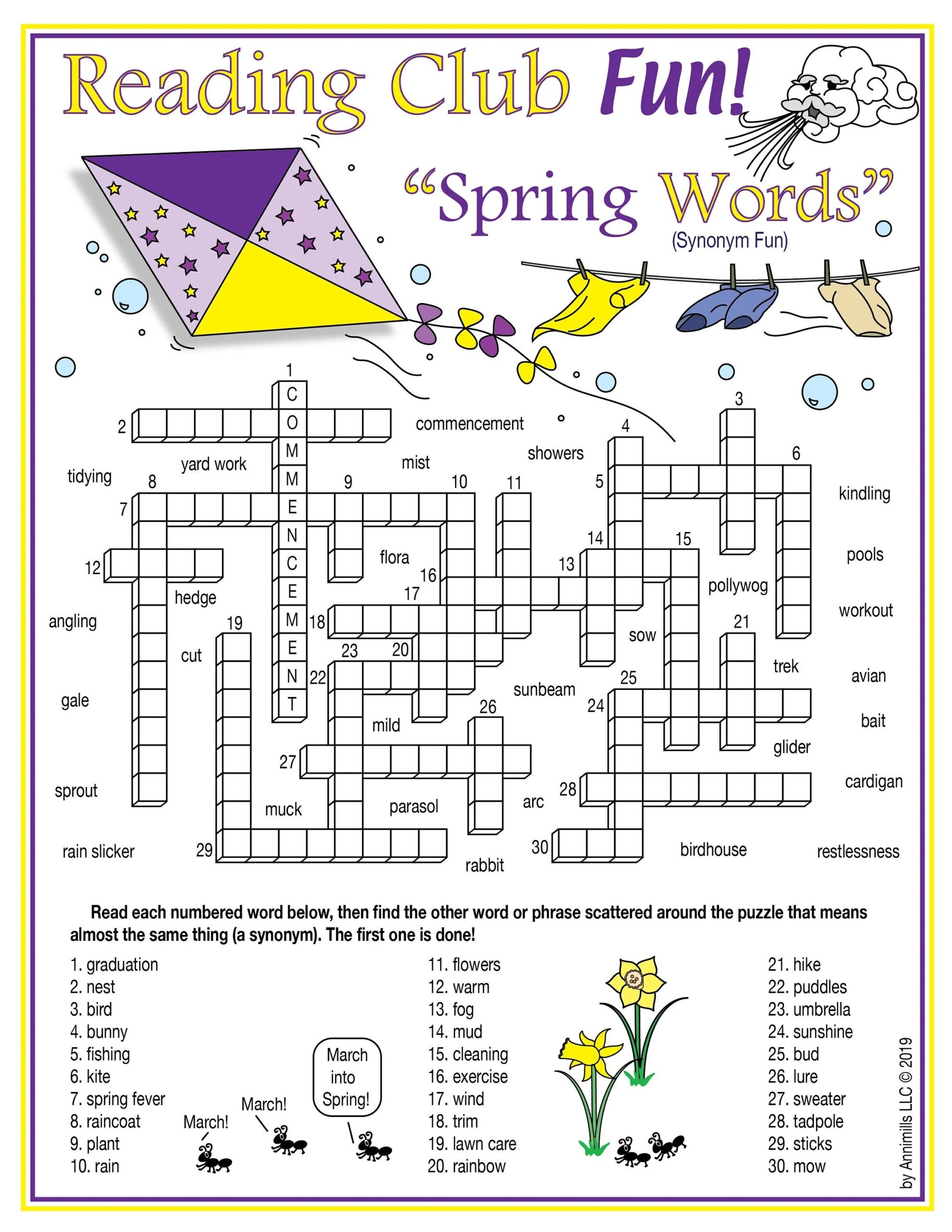 Spring Vocabulary Synonyms Printable Crossword Puzzle Word Search Puzzle Etsy