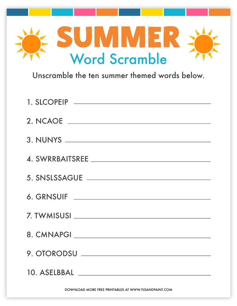 Summer Word Scramble Printable Verbs Word Search