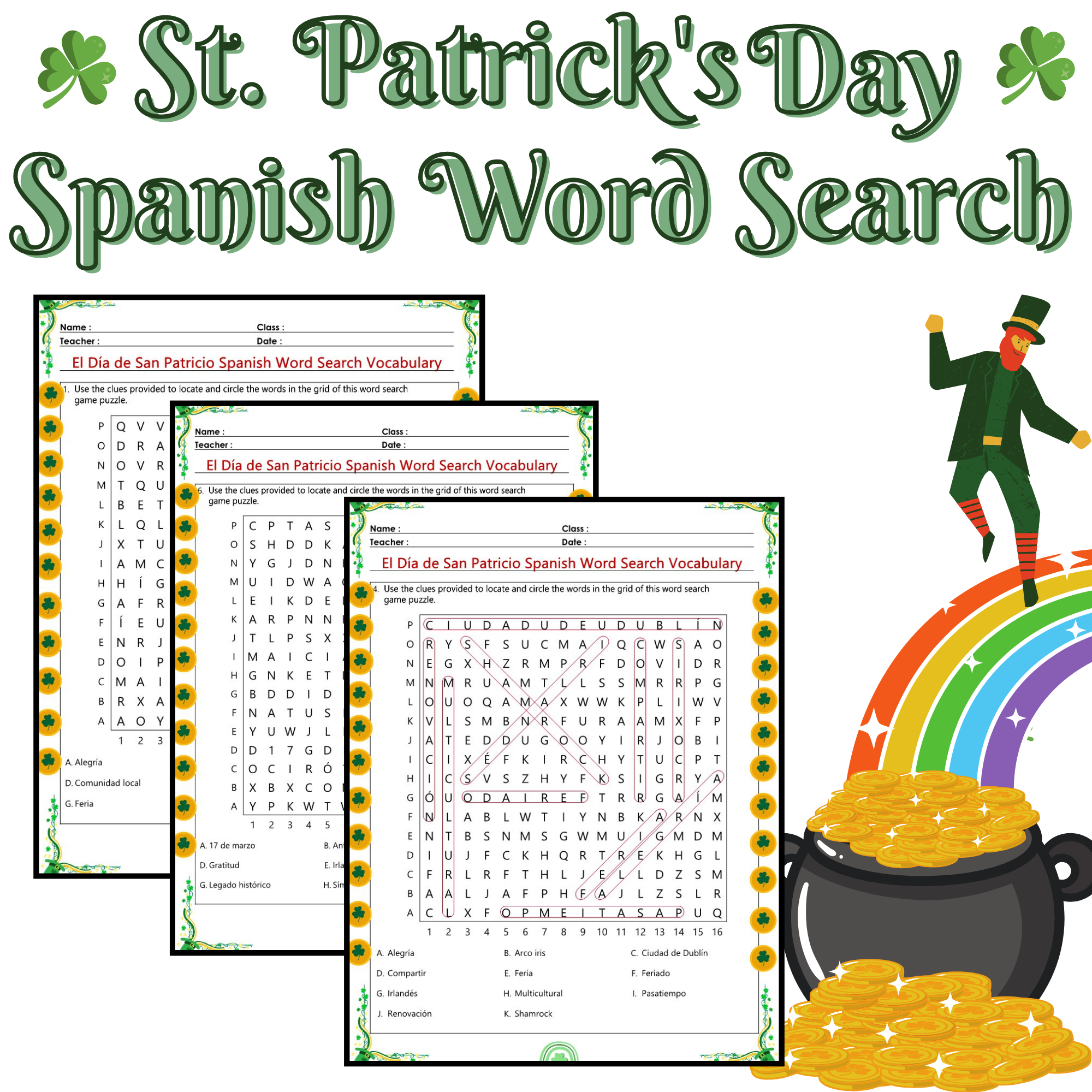 St Patrick s Day Spanish Word Search Bundle Of 7 Puzzles With Answers No Prep Vocabulary Activity El D a De San Patricio Classful