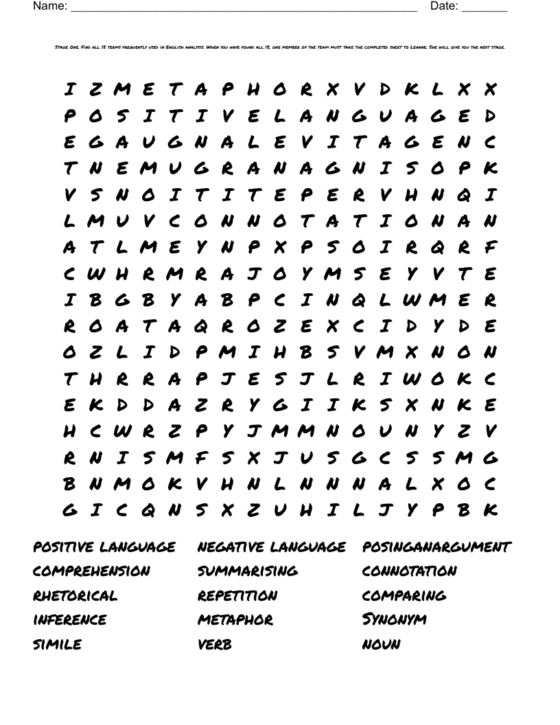 Stage One Find All 15 Terms Frequently Used In English Analysis When You Have Found All