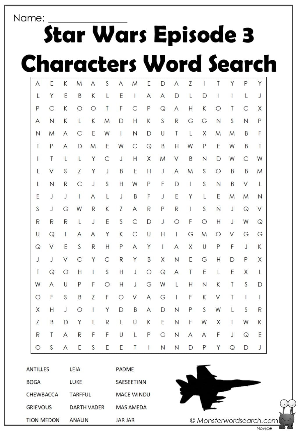 Star Wars Episode 3 Characters Word Search Monster Word Search