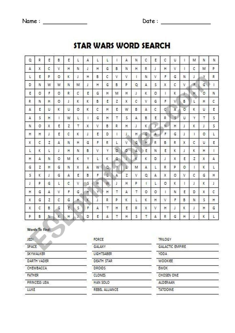 Star Wars Word Search ESL Worksheet By TeacherCJ