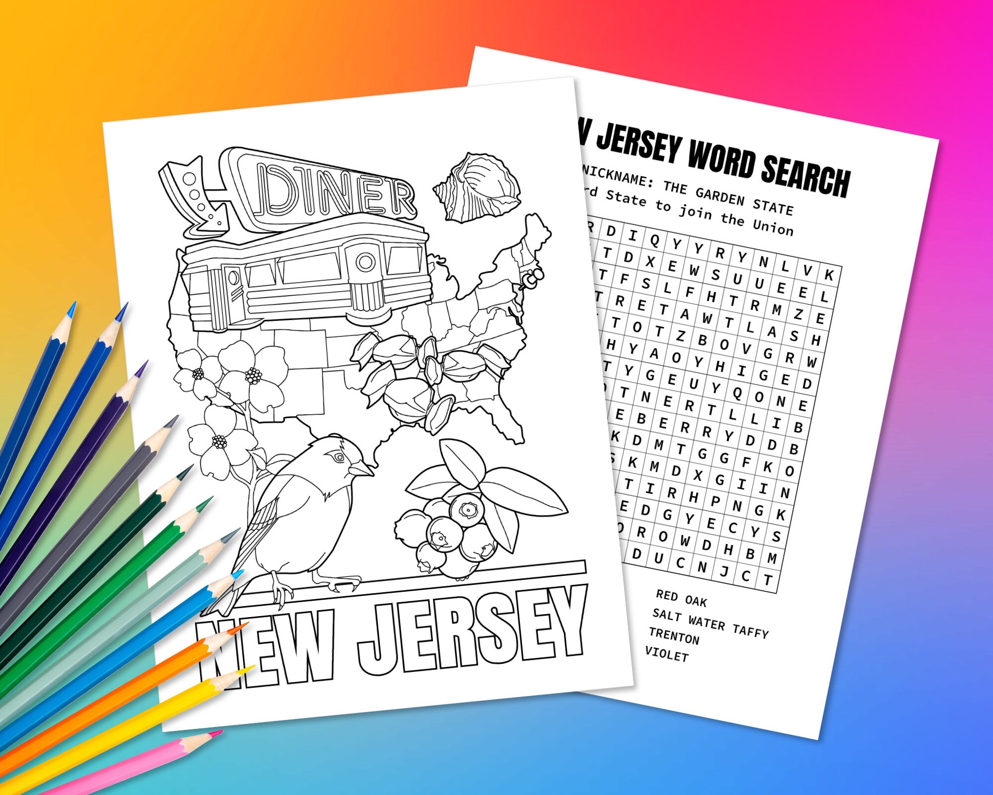 State Of New Jersey USA Coloring Page Word Search Puzzle Fun Geography Activity For Kids Educational Color In Map Of The United States Etsy