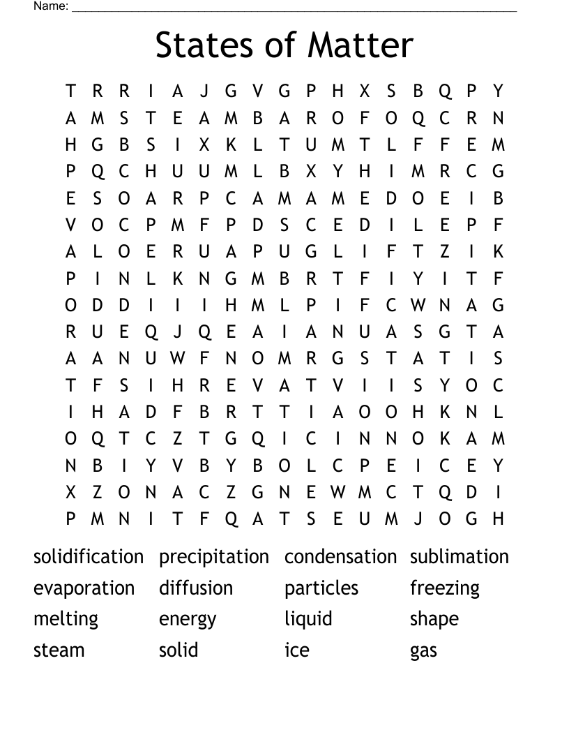 Free Printable States Of Matter Word Search