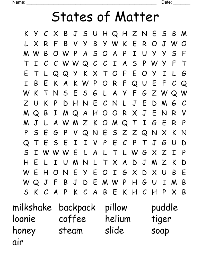 States Of Matter Word Search WordMint