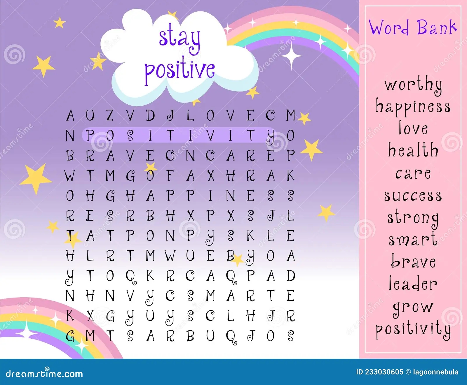 Stay Positive Word Search Puzzle Activity Game Page To Attract An Audience On Social Networks Stock Vector Illustration Of Positive Mind 233030605