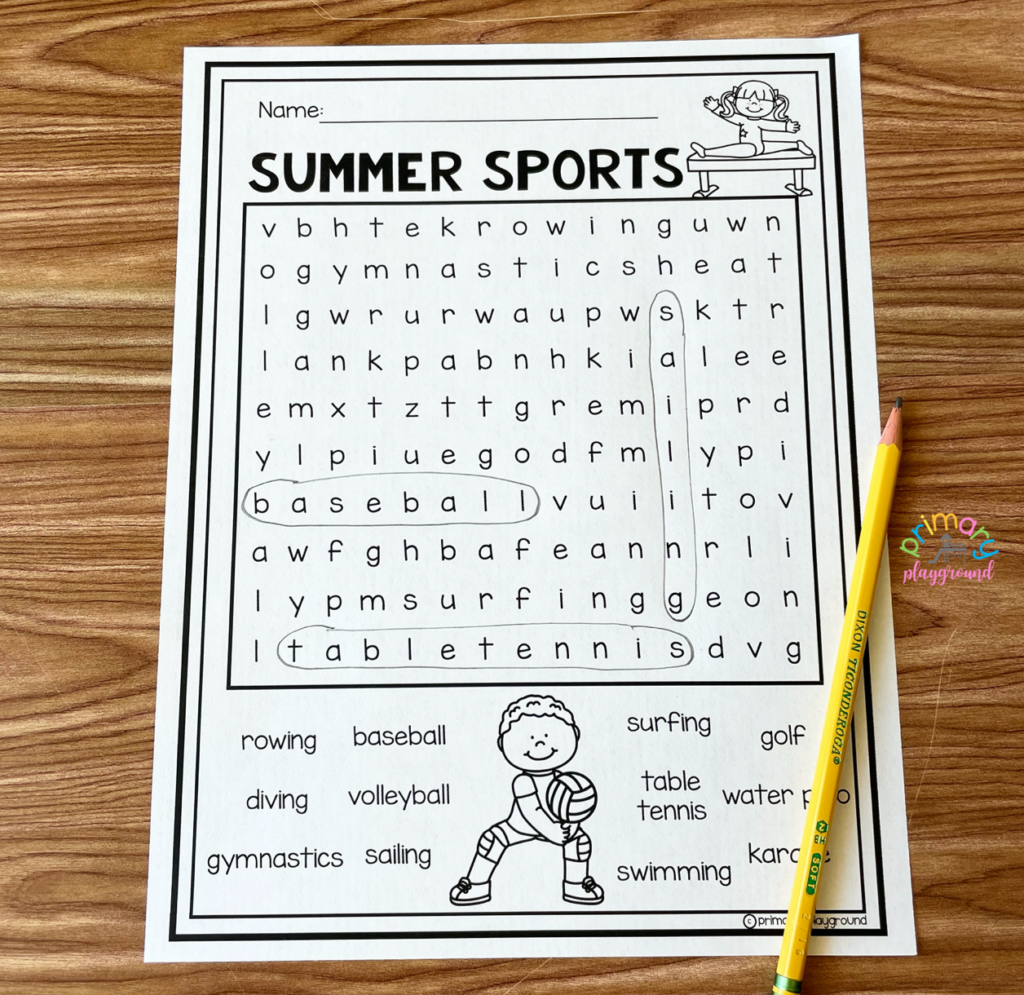summer sports free word search primary playground