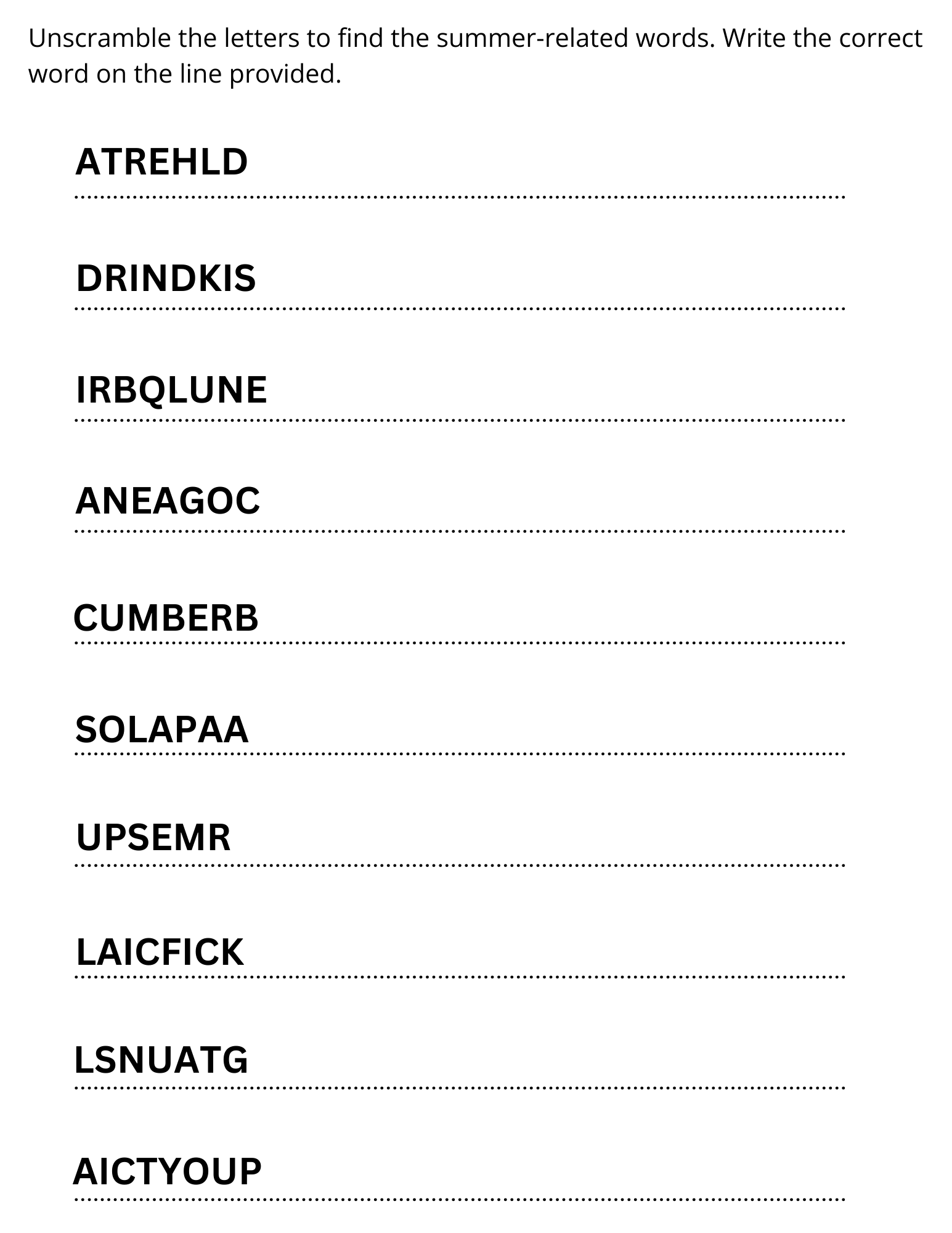 Summer Unscramble Worksheet Answers Made By Teachers