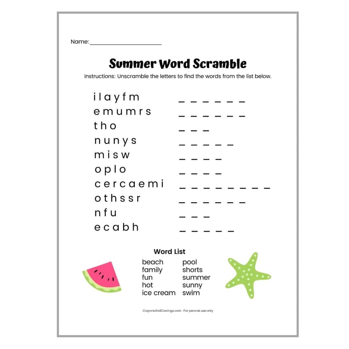 Summer Word Scramble FREE Printable With Answer Key