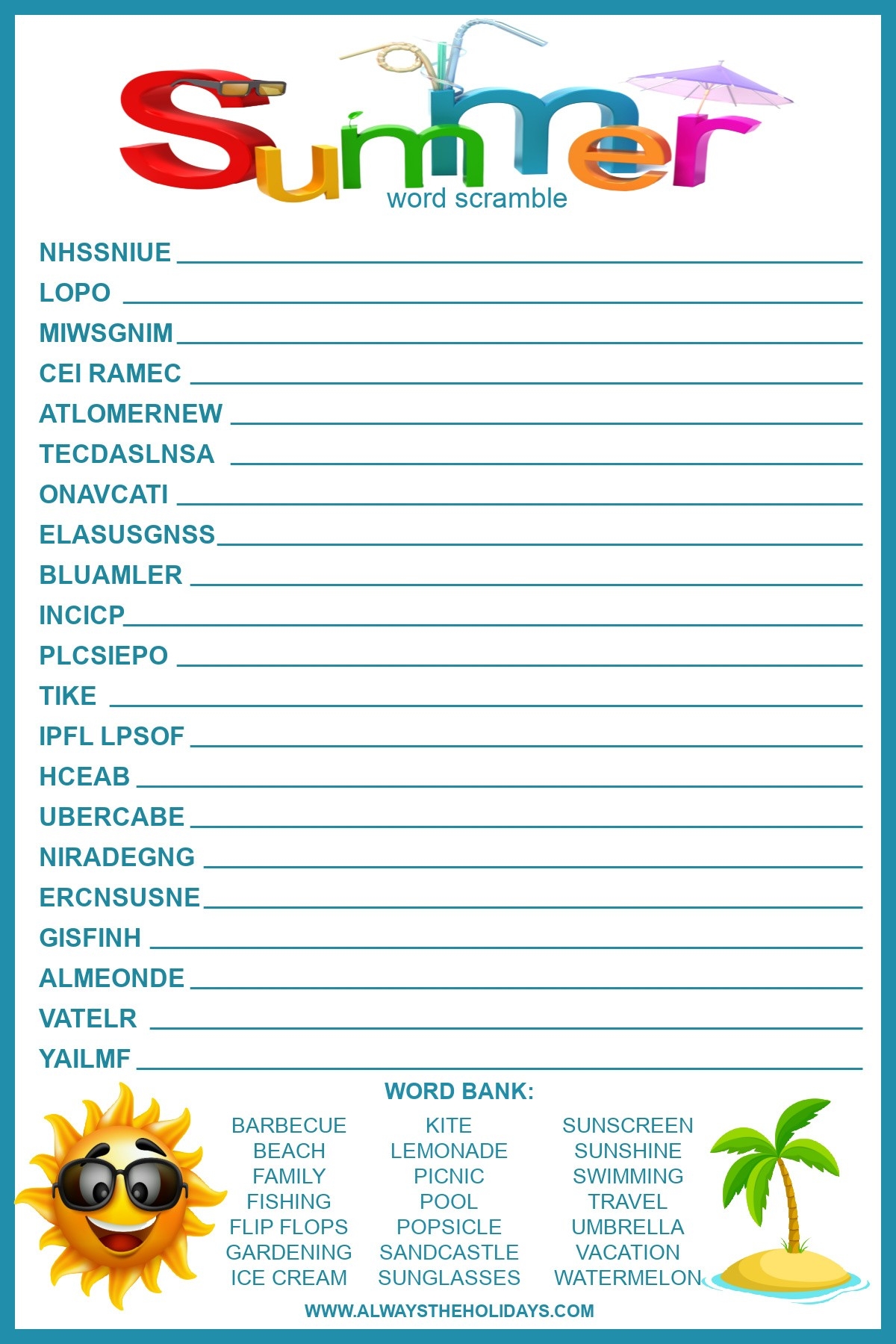 Free Printable Word Searches About Summer Vacation