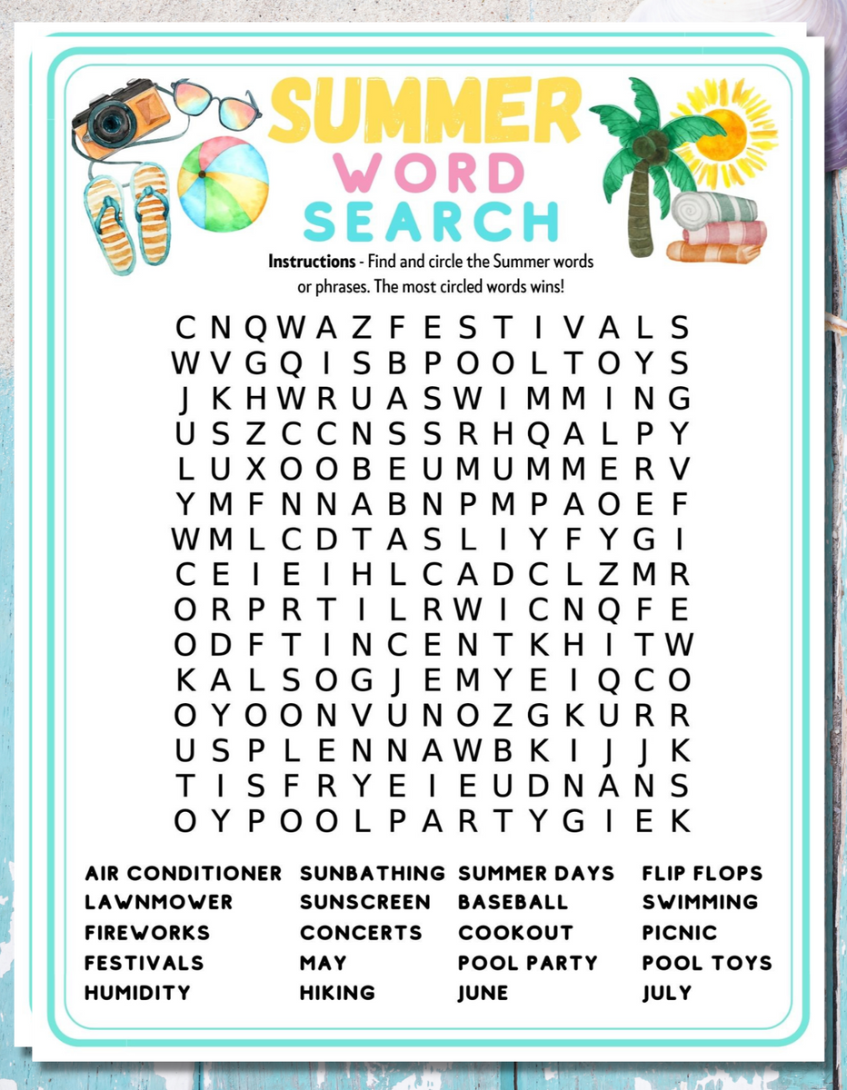 Summer Word Search Printable Game Party Kids Adults Activity Worksheets Library
