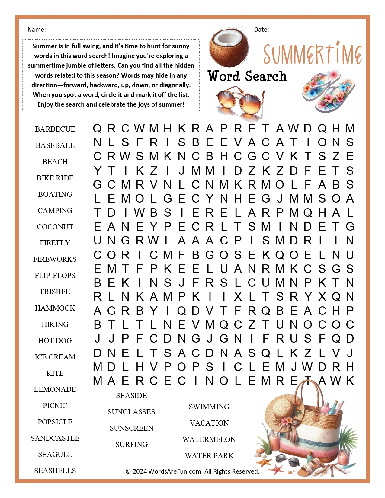 Summer Word Search Printable Hard
