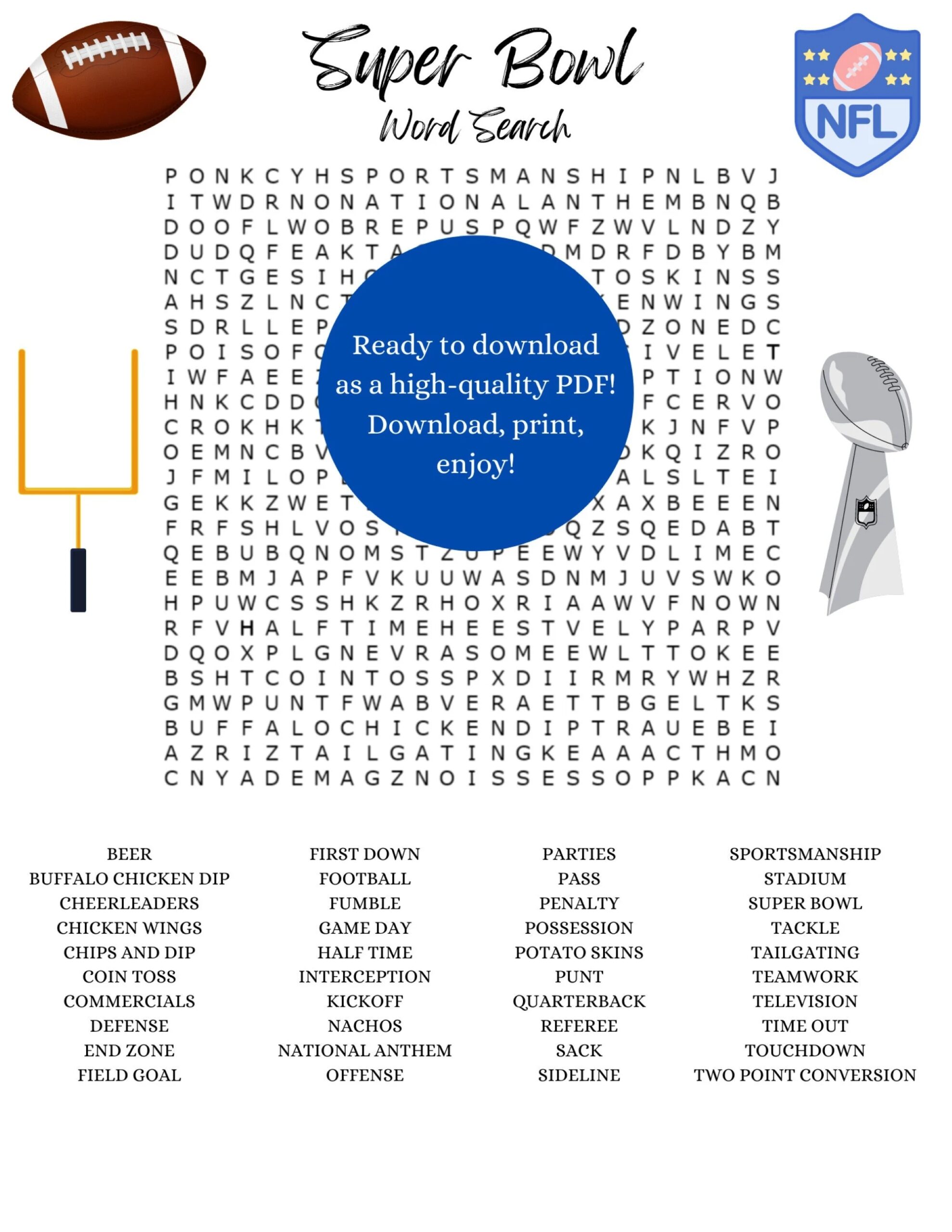 Super Bowl Football Word Search Printable Game Etsy
