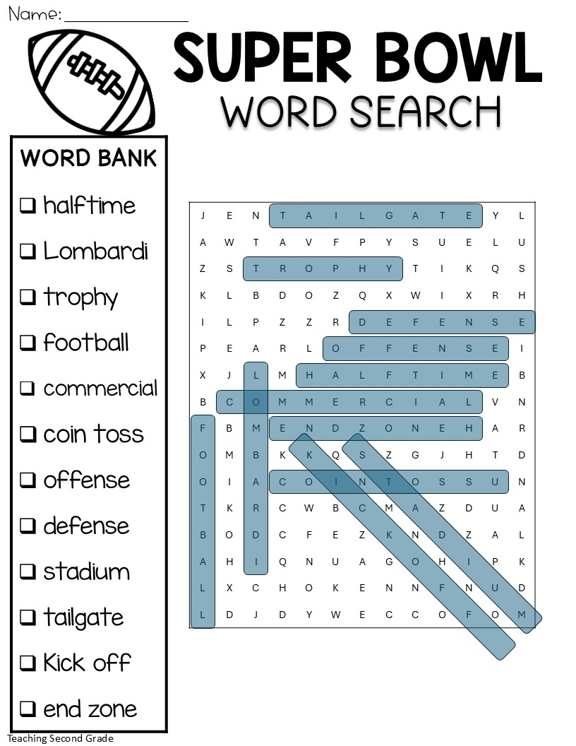 Super Bowl Word Search Teaching Second Grade