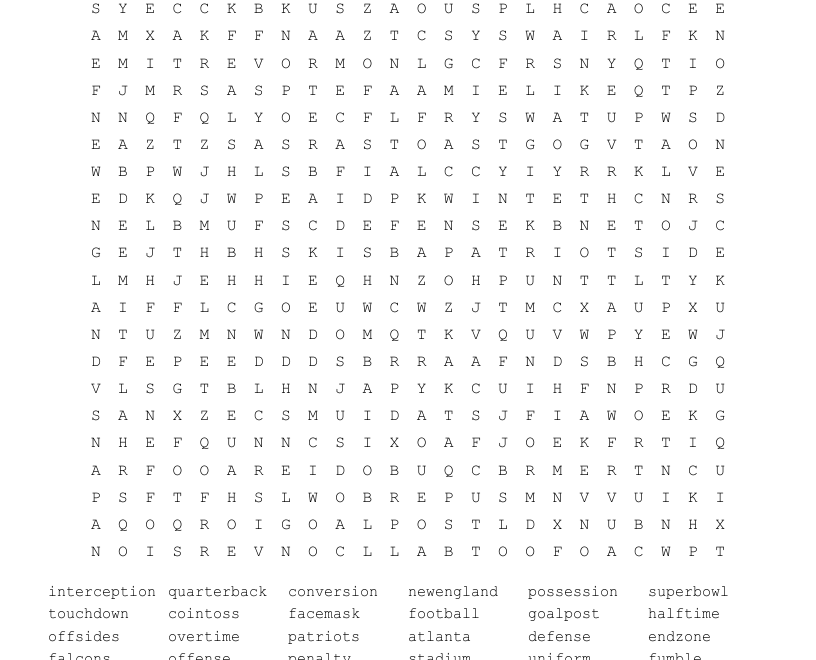 Super Bowl Word Search WordMint