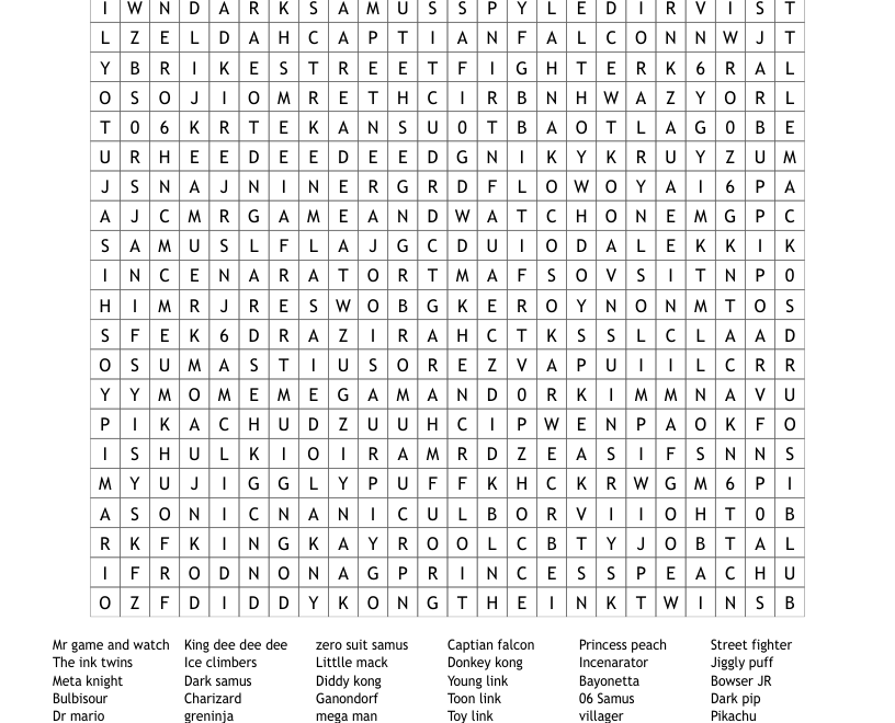 Super Smash Bros Ultimate Characters Word Search WordMint