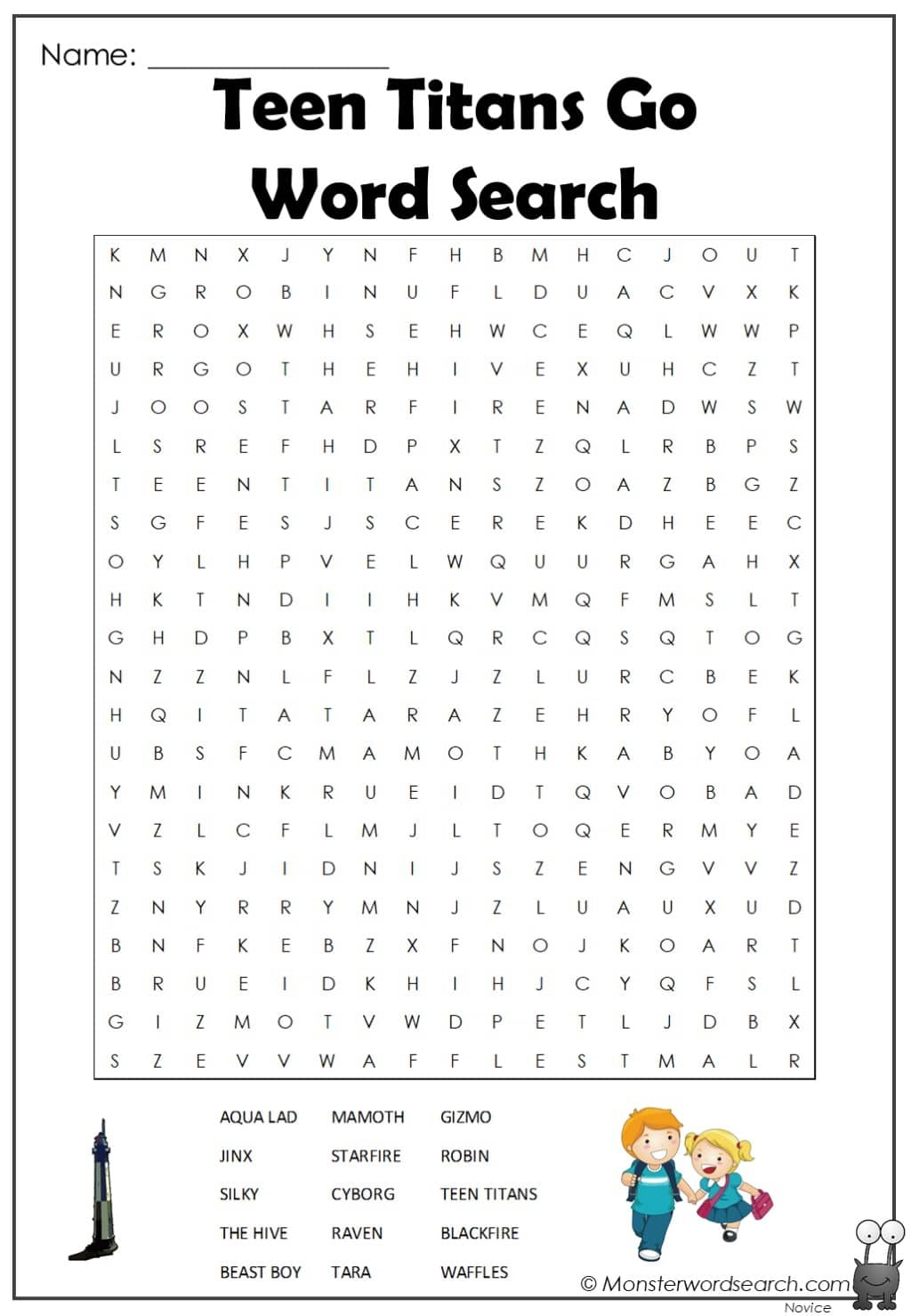 Teen Titans Go Word Search Monster Word Search