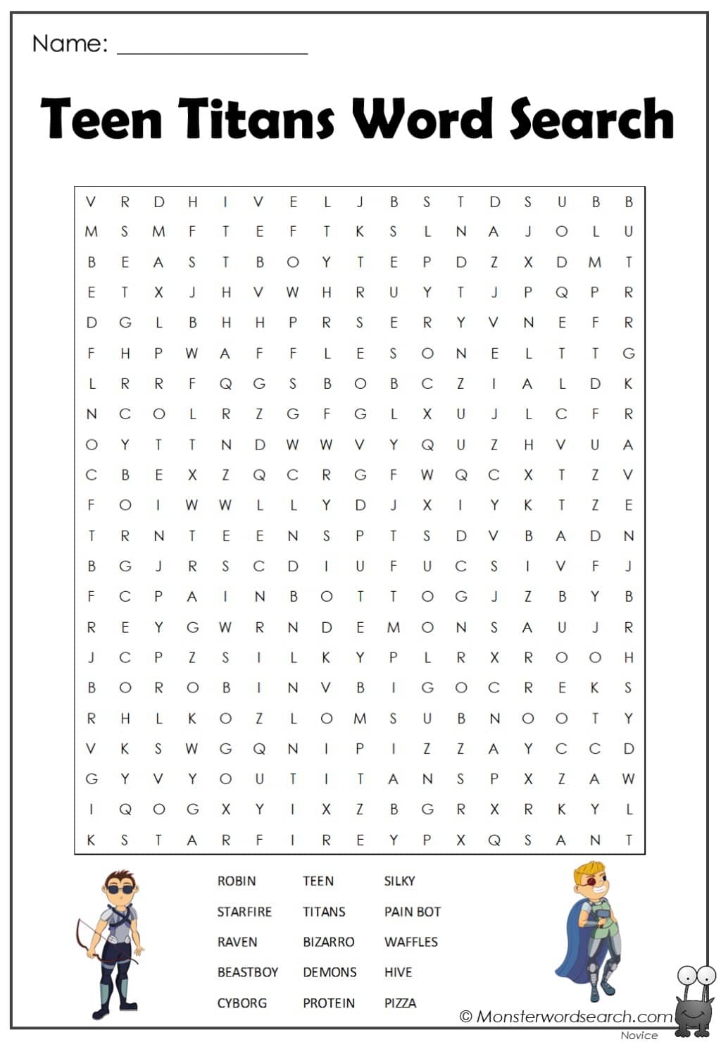 Teen Titans Word Search Monster Word Search