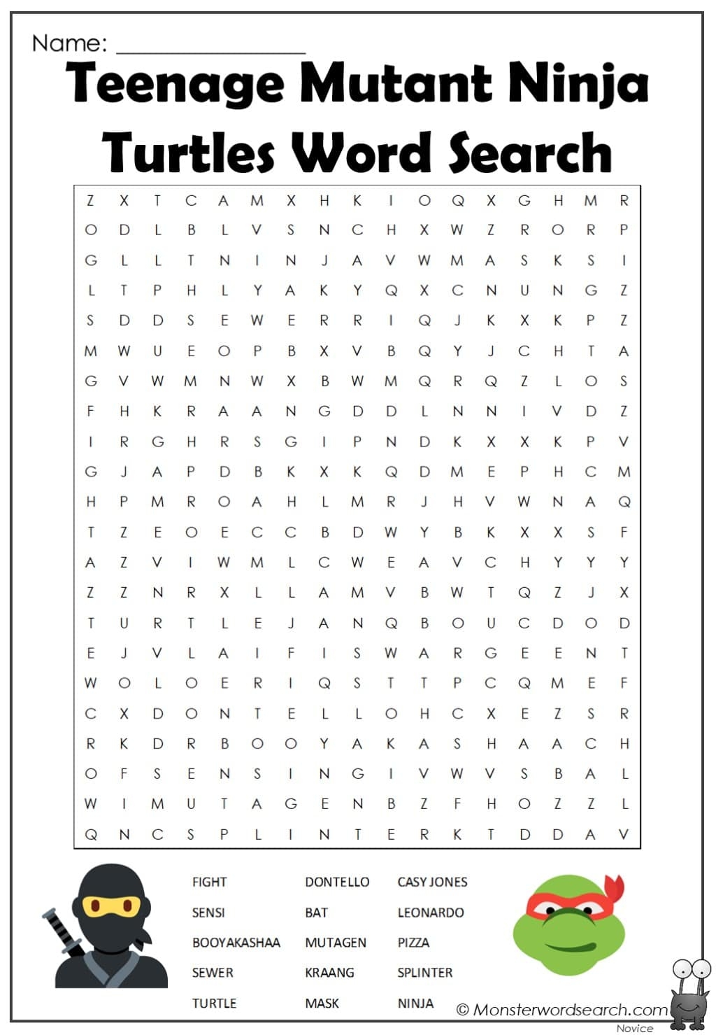 Teenage Mutant Ninja Turtles Word Search Monster Word Search