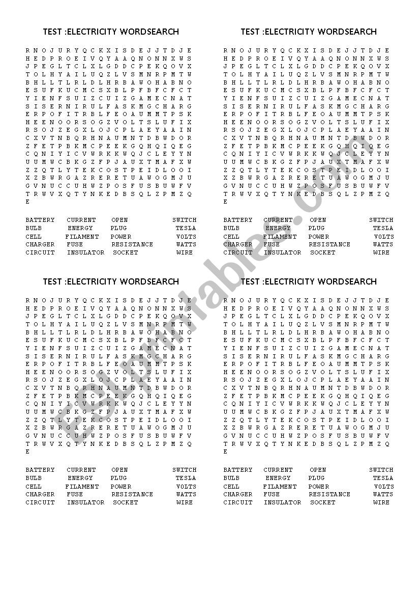 TEST ELECTRICITY WORDSEARCH ESL Worksheet By Ald6285