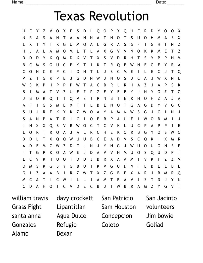 Texas Revolution Word Search WordMint