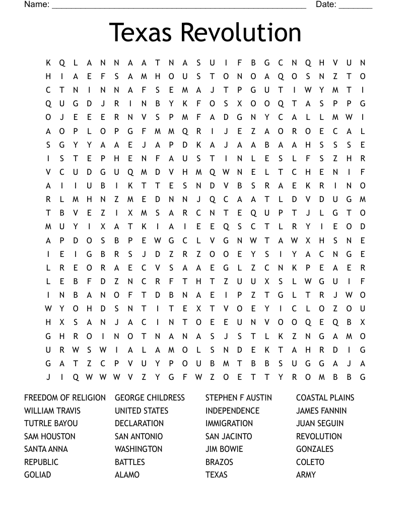 Texas Revolution Word Search WordMint