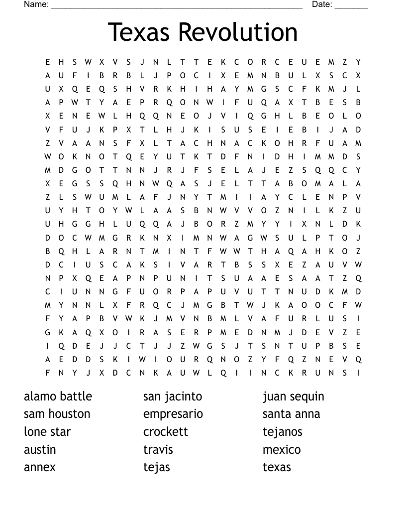 Texas Revolution Word Search WordMint