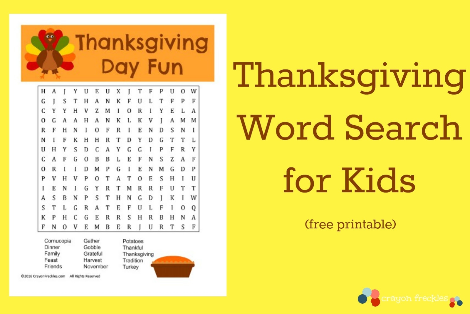 Word Search For Kids About Thanksgiving Printable