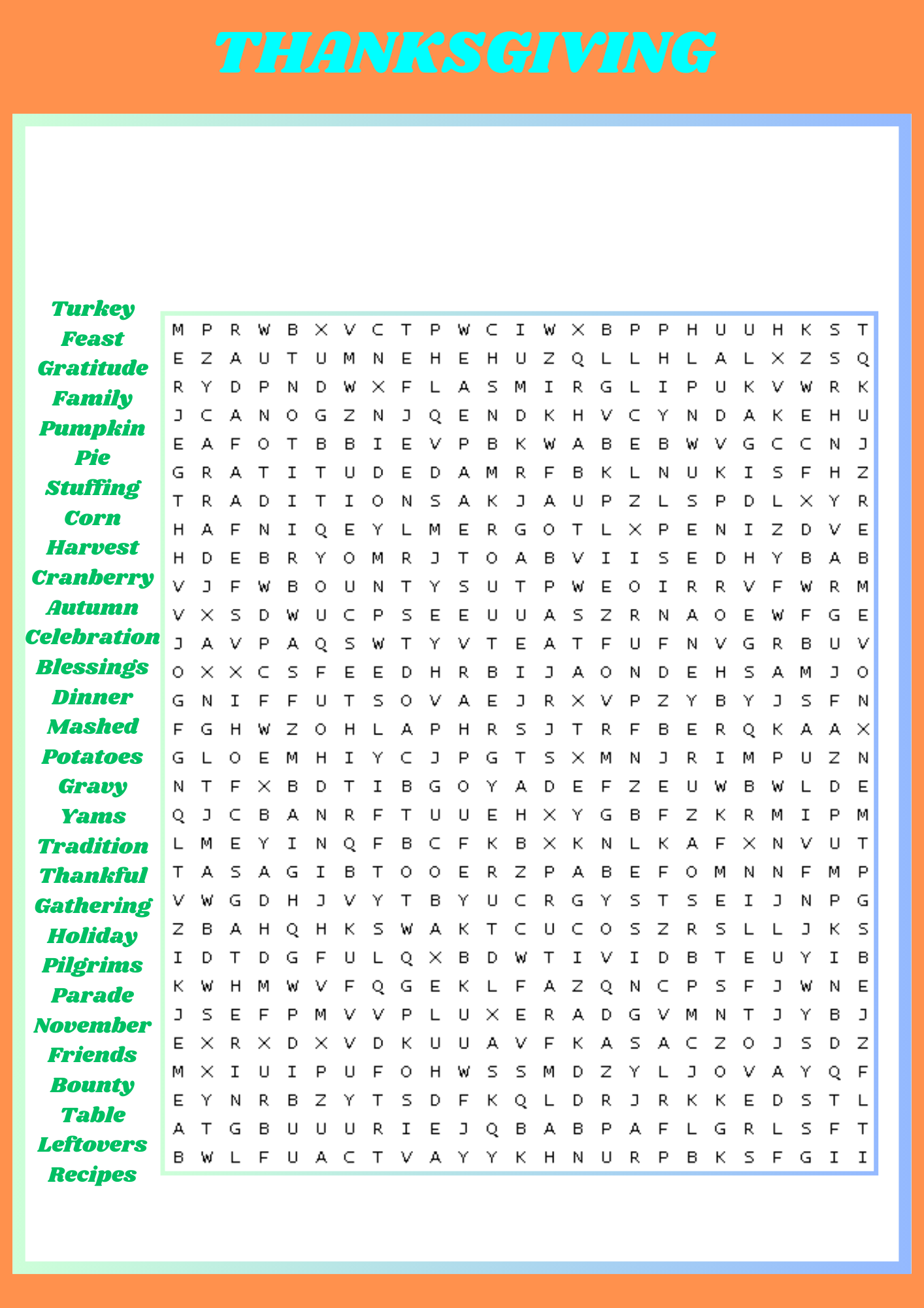 Hard Thanksgiving Word Search Printables