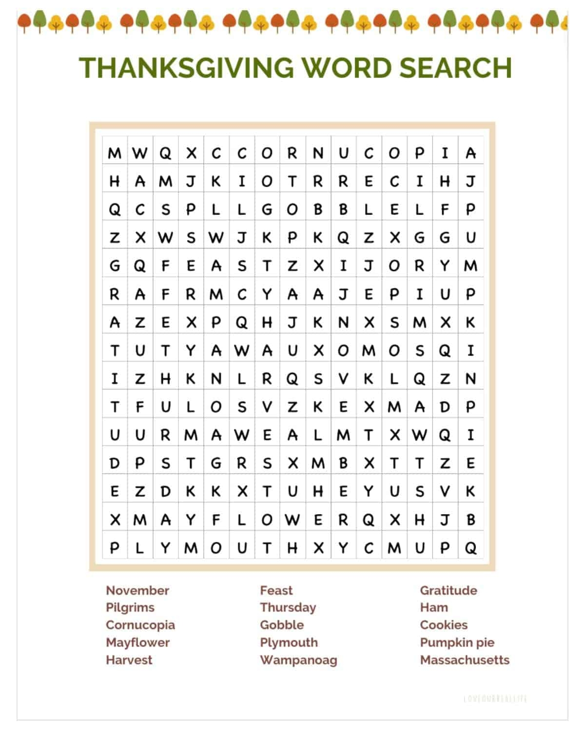 Free November Printable Word Searches