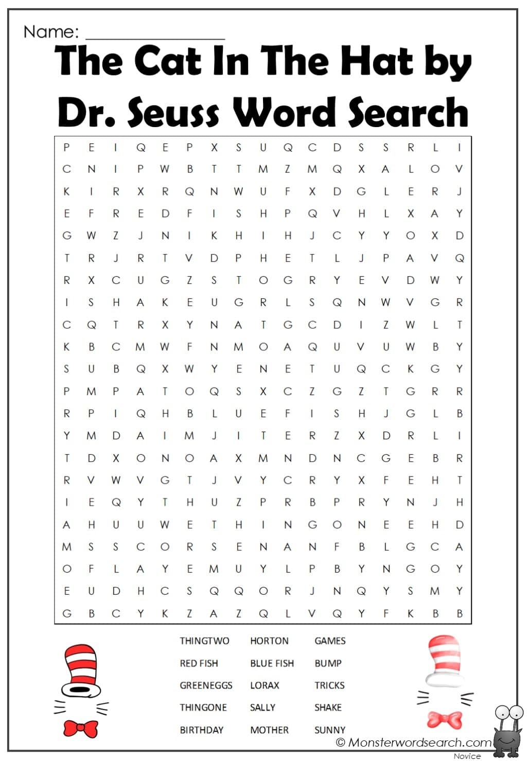 the cat in the hat by dr seuss word search monster word search the cat in the hat by dr seuss word search monster word search