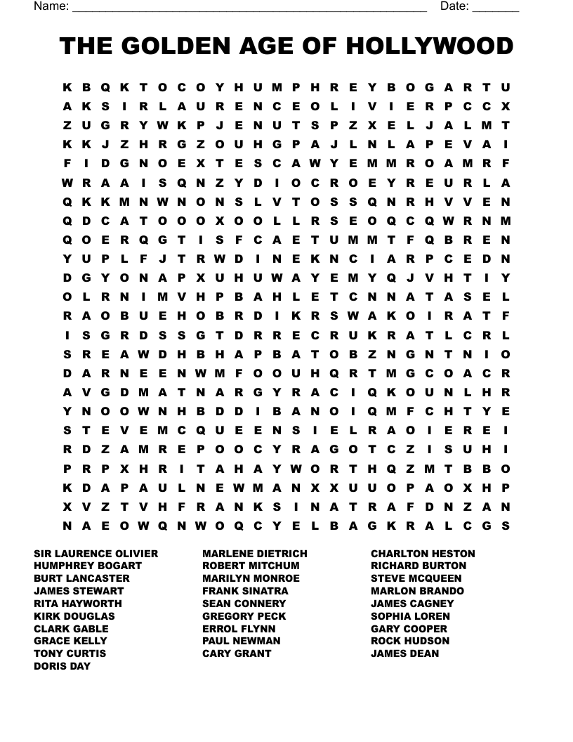 THE GOLDEN AGE OF HOLLYWOOD Word Search WordMint