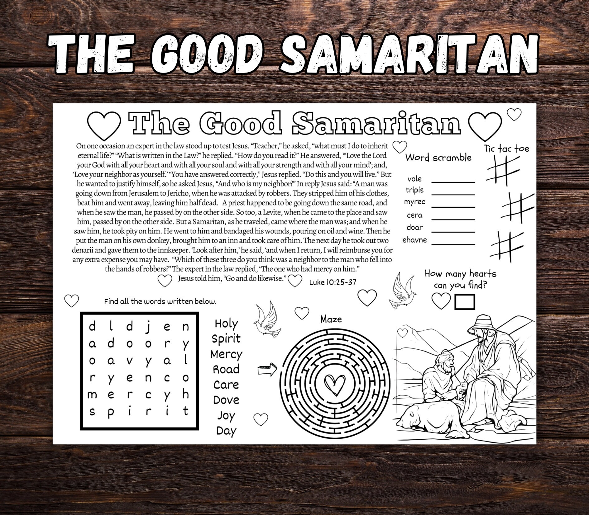 The Good Samaritan Activity Placemat Jesus Parable Bible Story Coloring Placemat Sunday School Activity Christian Activity Mat Etsy