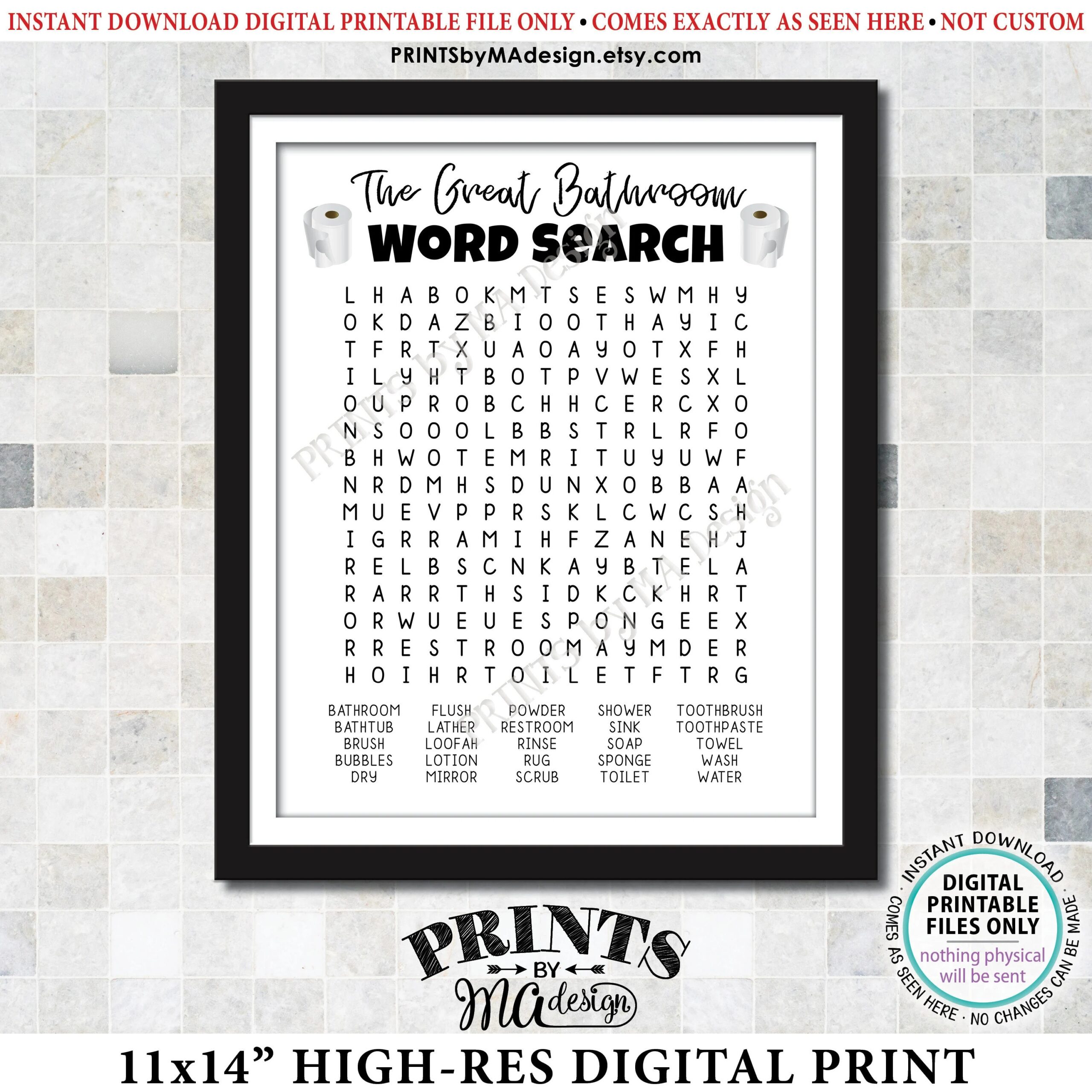 The Great Bathroom Word Search Fun Bathroom Puzzle Silly Housewarming Gift Toilet Paper PRINTABLE 11x14 Sign