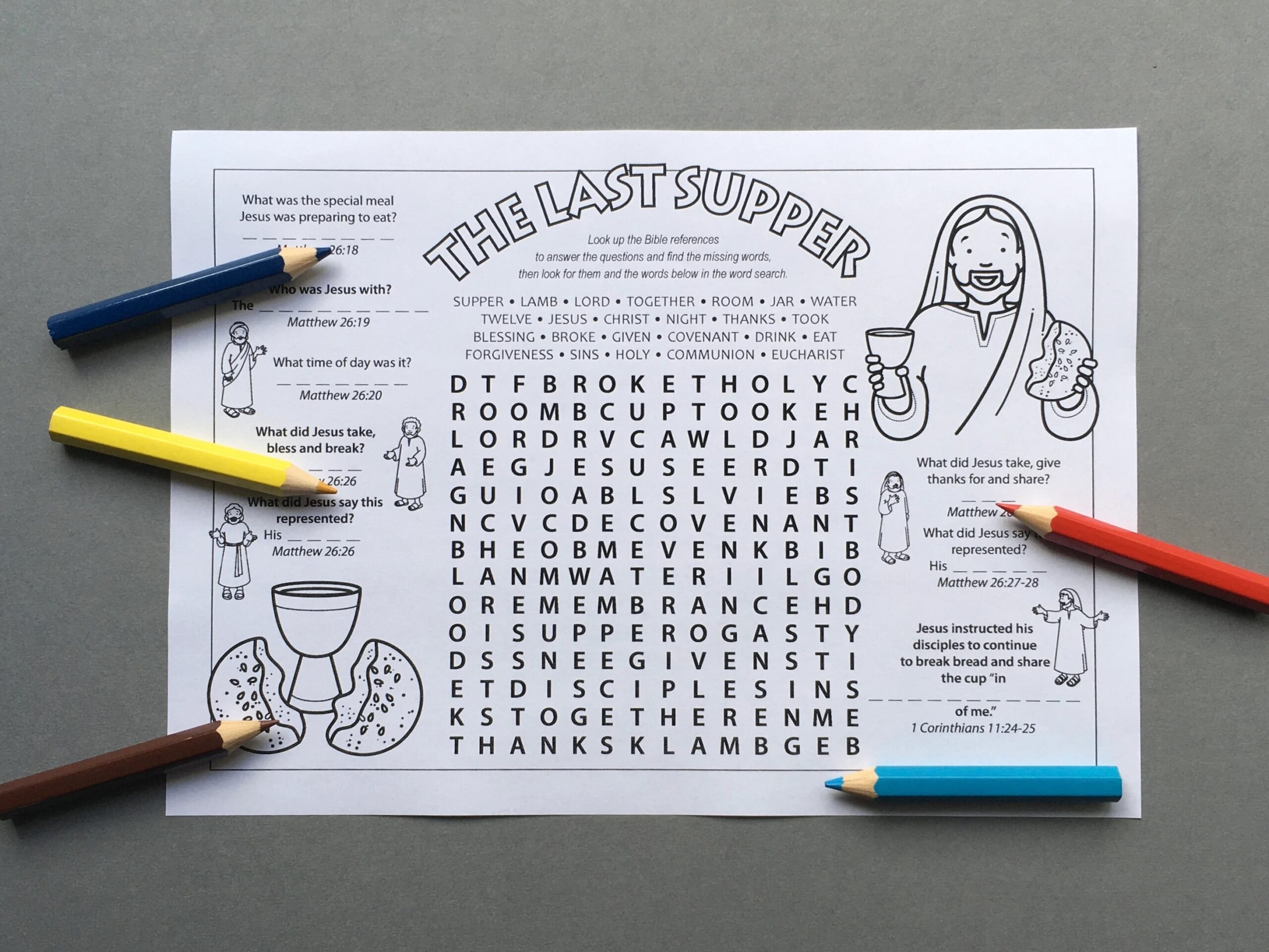the last supper holy communion colour in story wheel with colouring pages and word search etsy