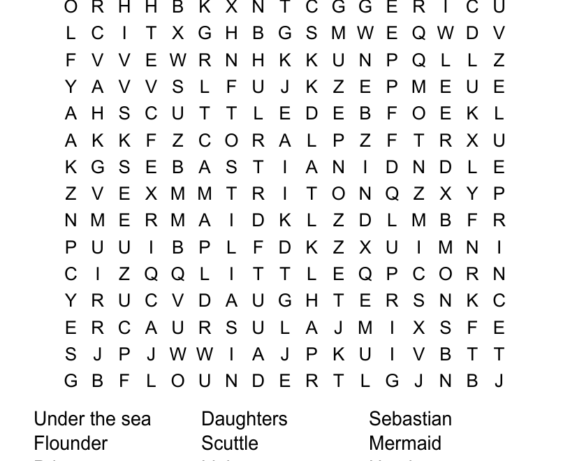 The Little Mermaid Word Search WordMint