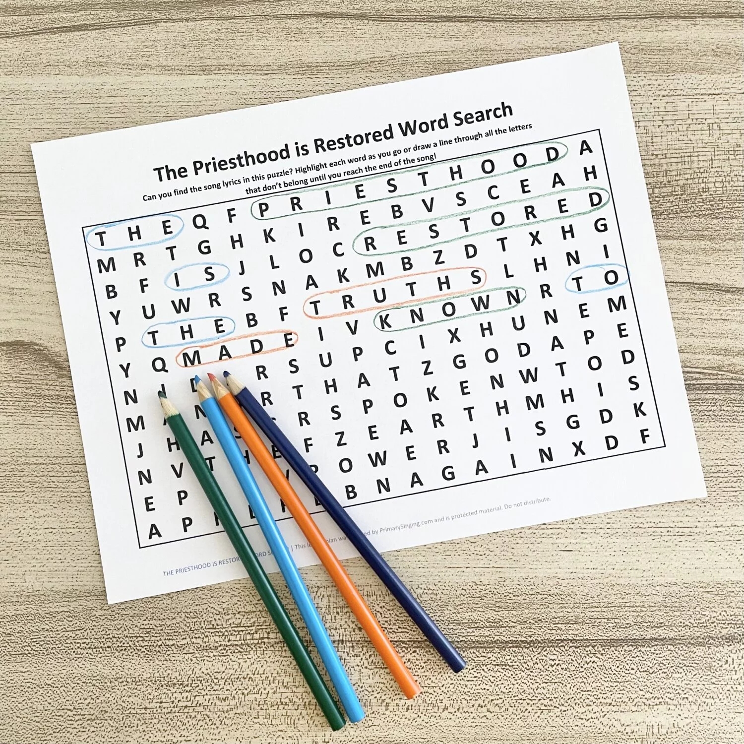 The Priesthood Is Restored Word Search Primary Singing