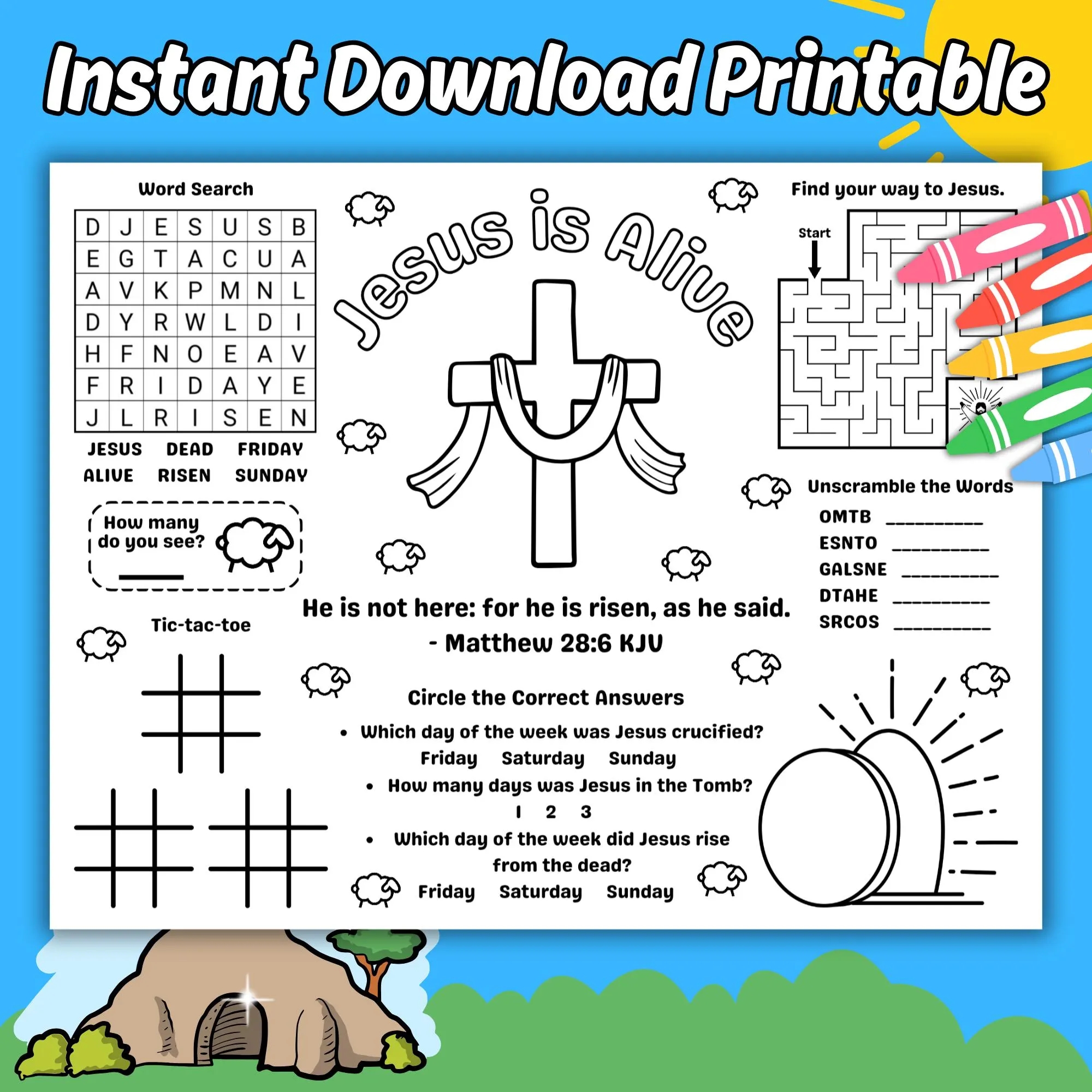 The Resurrection Of Jesus Bible Story Lesson Printable Activity Placemat Sheet For Sunday School Kids Easter Sunday Coloring Activity Page Etsy